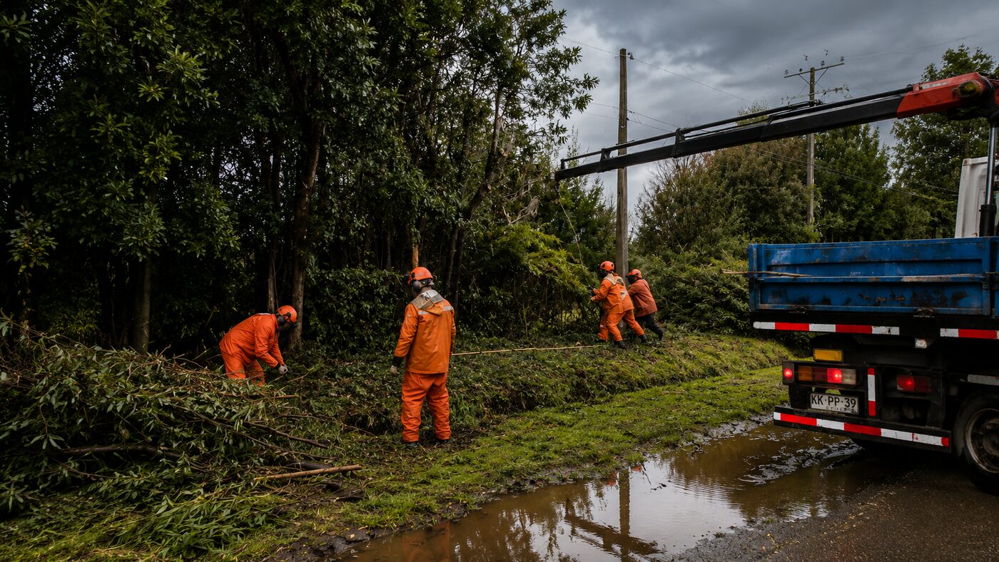 Cuadrilla DVB realizando poda y despeje de vegetación junto a línea eléctrica