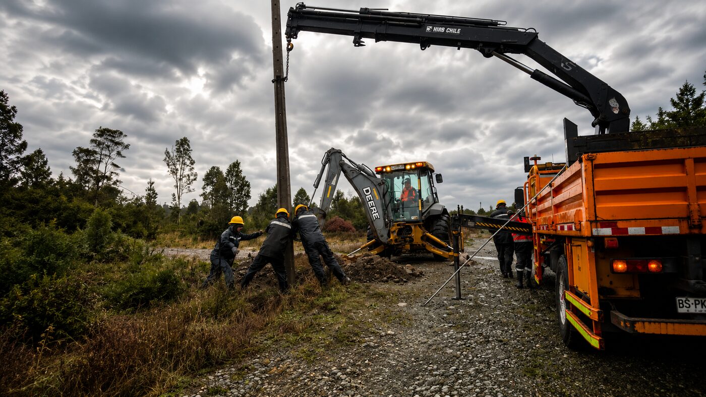 Cuadrilla DVB instalando poste de alumbrado con apoyo de maquinaria