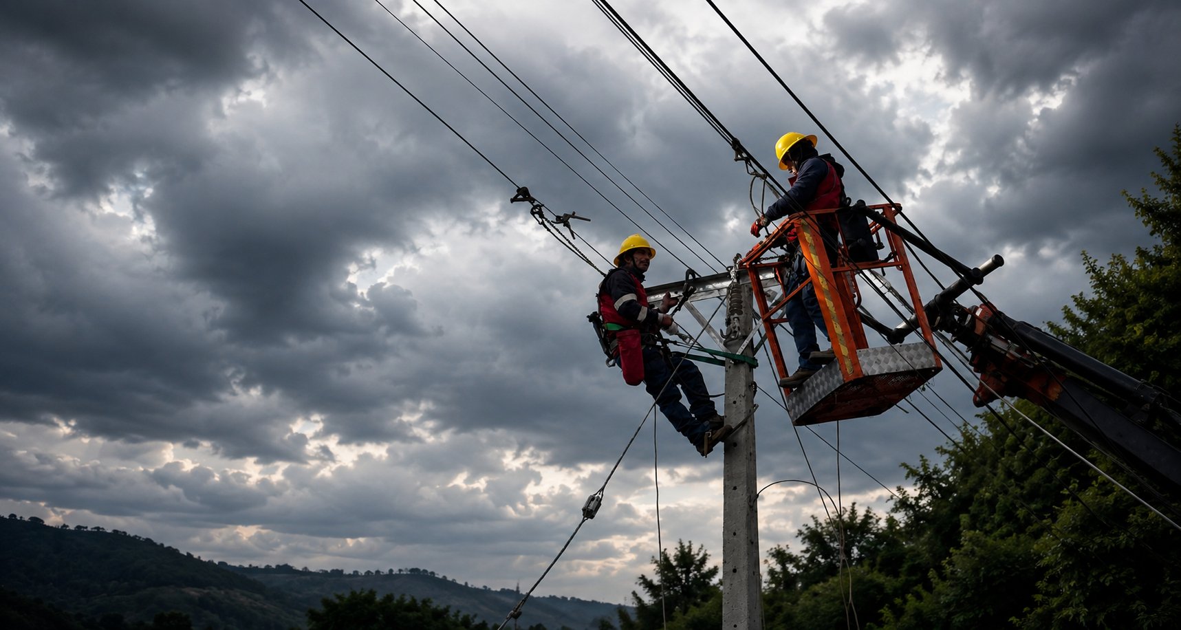 Técnicos DVB trabajando en tendido eléctrico bajo cielo tormentoso